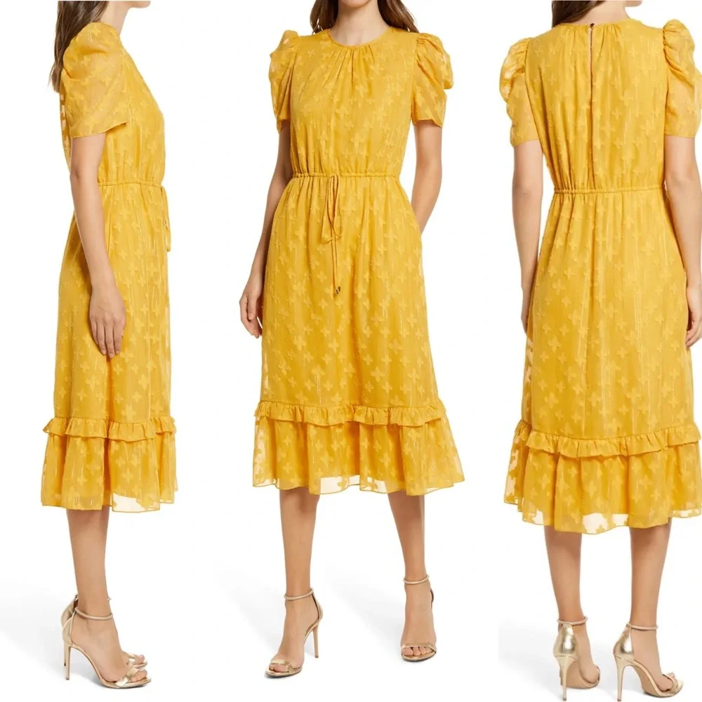 NWT Nordstrom Julia Jordan Size 12 Mustard Yellow Jacquard Midi Dress New W Tags - Picture 1 of 16
